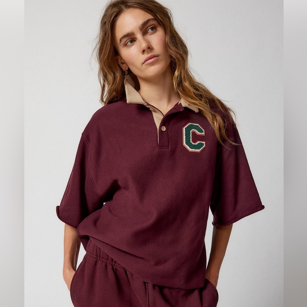 CHAMPION C Urban Outfitters Maroon Sporty Collegiate Rugby Polo Shirt Unisex SM